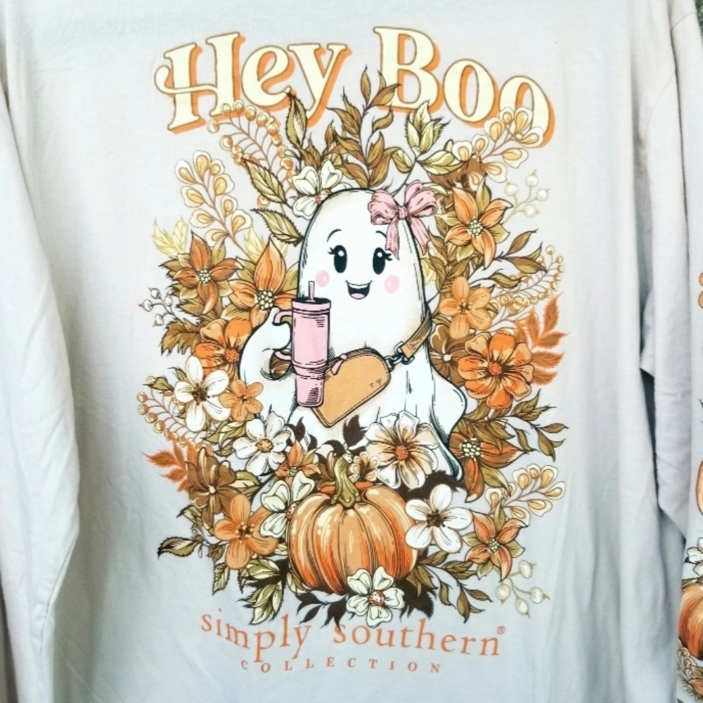 FALL TAN "Hey Boo" Long Sleeve TShirt (Size L) Ghost Halloween Funny Shirt - Picture 3 of 8